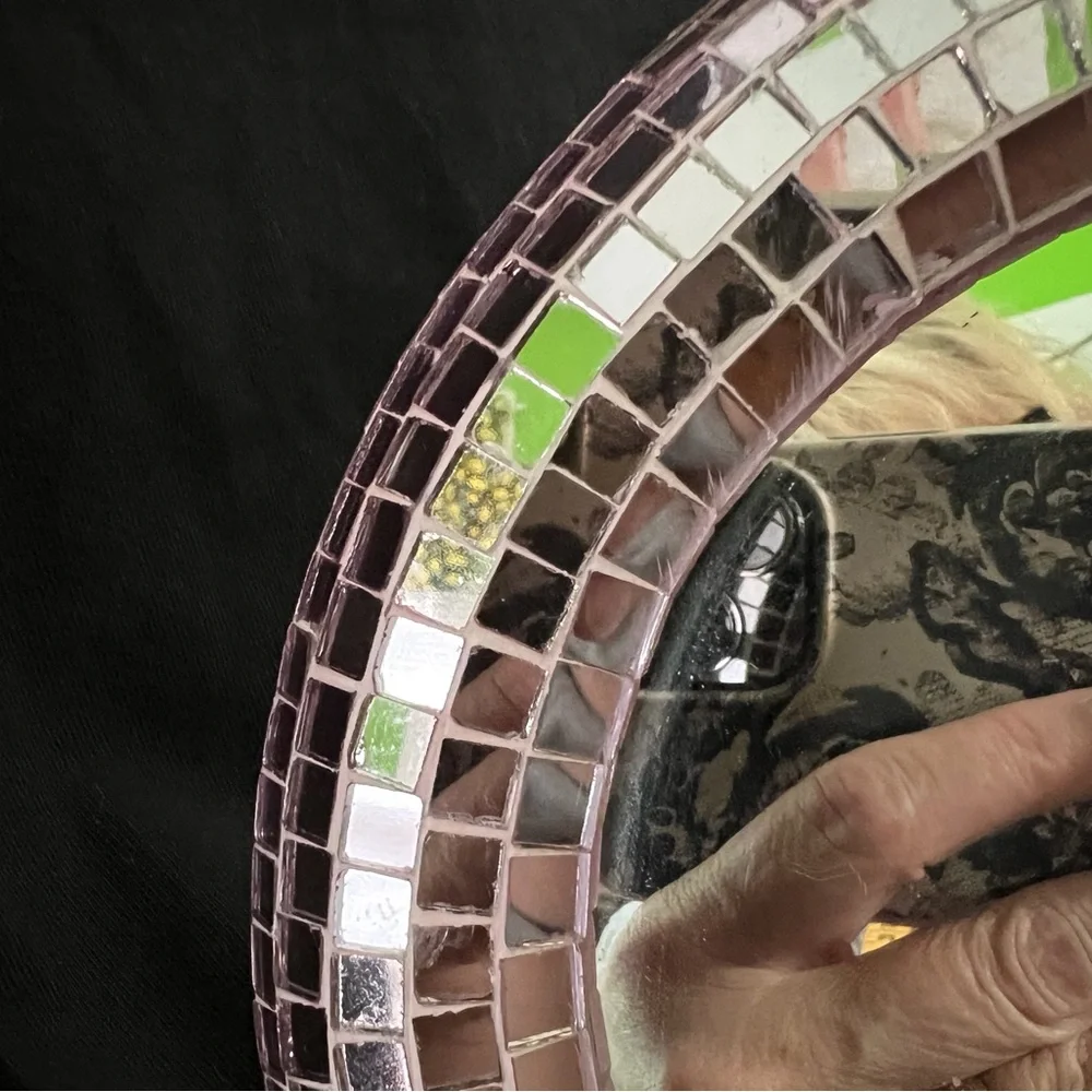 Pink Mosaic Round Disco Ball Stand Mirror, Small Desktop